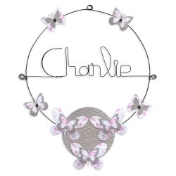 Prénom en fil de fer " Charlie " coloré - Papillon rose - à punaiser - Bijoux de mur