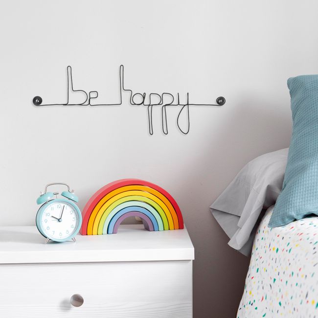 Message simple en fil de fer " Be happy " - à punaiser - Bijoux de mur